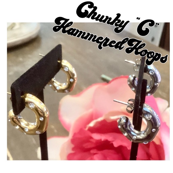 🌸18KT Gold over stainless Steel CZ “C” hoops - Picture 3 of 8